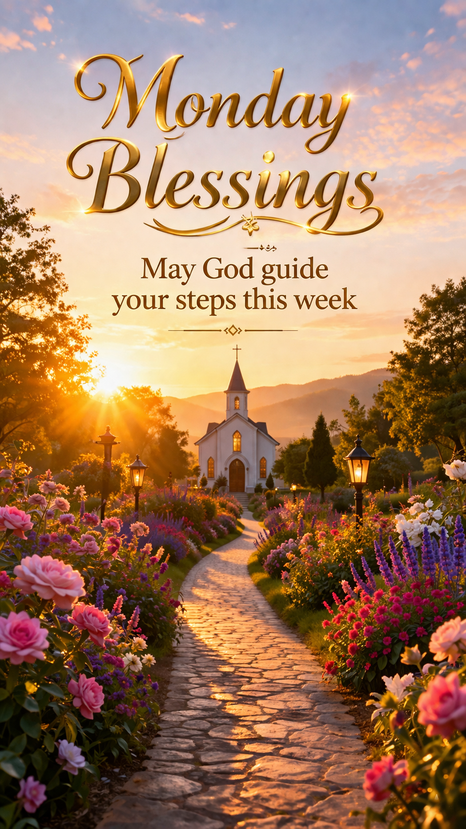 Path through blooming flower garden leading to a church at sunrise, "Monday Blessings — May God guide your steps this week" in gold — vertical WhatsApp